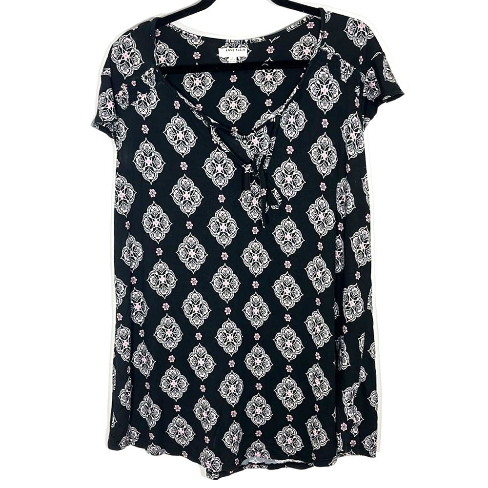 Anne Klein Floral Print Pajama Top Black Pink Size Small